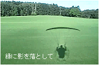 操縦するパラグライダーの影を芝生に写して進む
